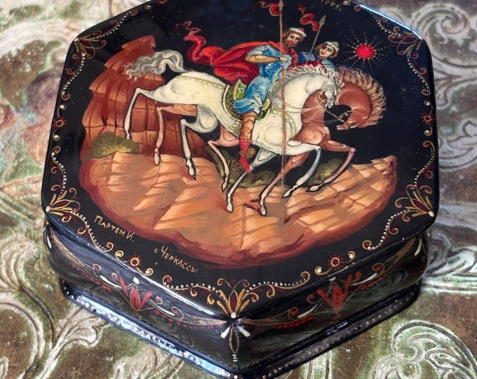 Vintage Ukrainian Lacquer Box Cherkasy 1995 Hand Painted Cossack Horse Art