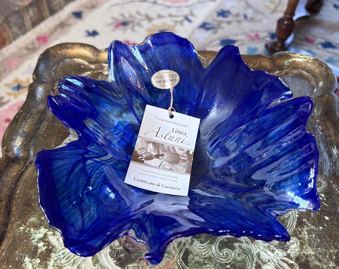 Large Cobalt Blue Italian Art Glass Bowl, Murano Style Floral Centrepiece, Astuni Handmade Glass