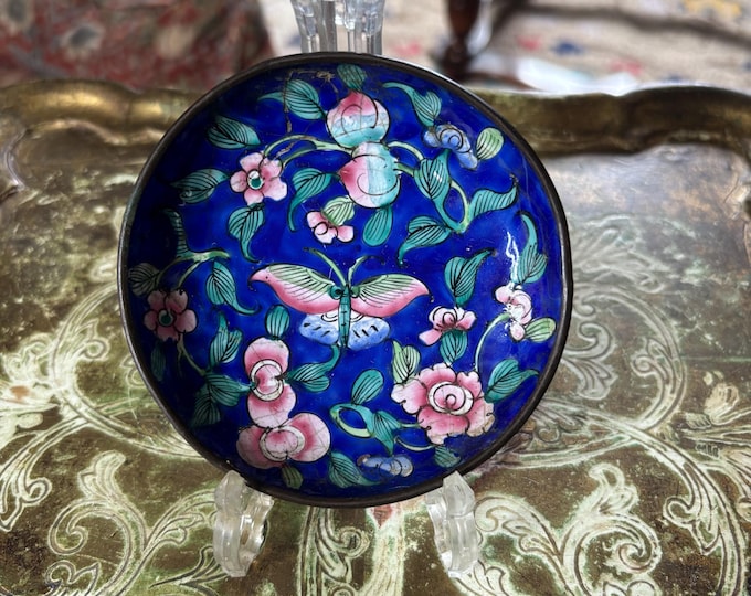 Antique Chinese Painted Enamel Dish Butterfly Flowers Qing c1780-1820
