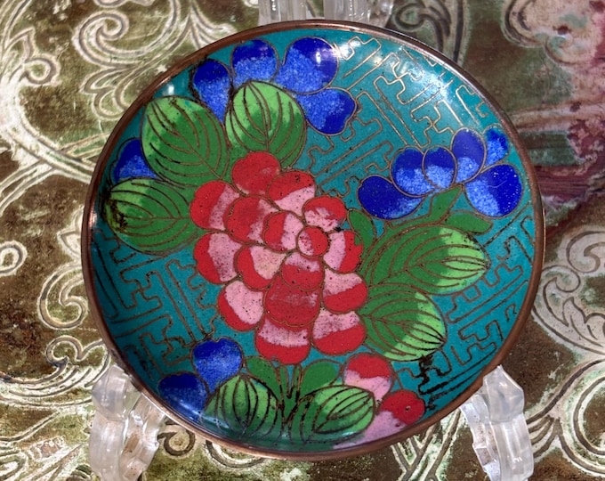 Antique Chinese Cloisonné Enamel Dish c.1900 Turquoise Floral Peony 8cm