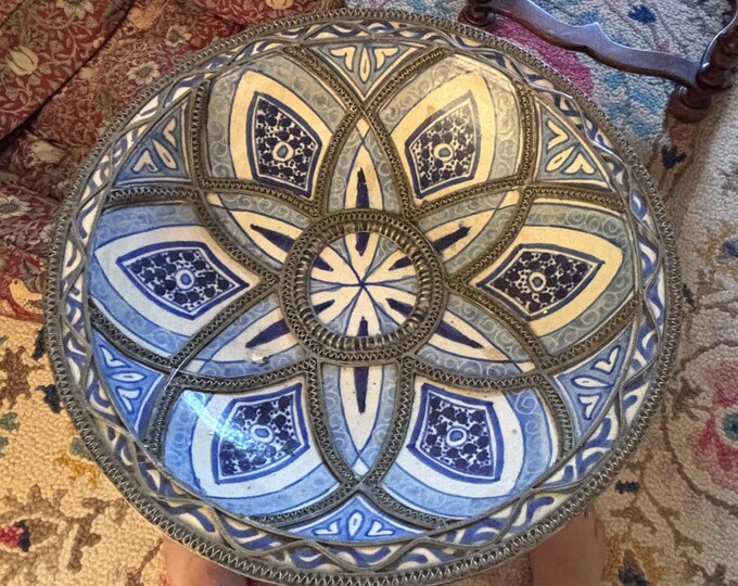 Large Vintage Moroccan Hand-Painted Ceramic Bowl with Filigree Overlay – Statement Centrepiece