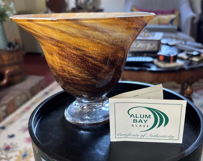 Vintage Alum Bay Glass Footed Bowl Vase, Hand-Blown Amber Brown (Isle of Wight)