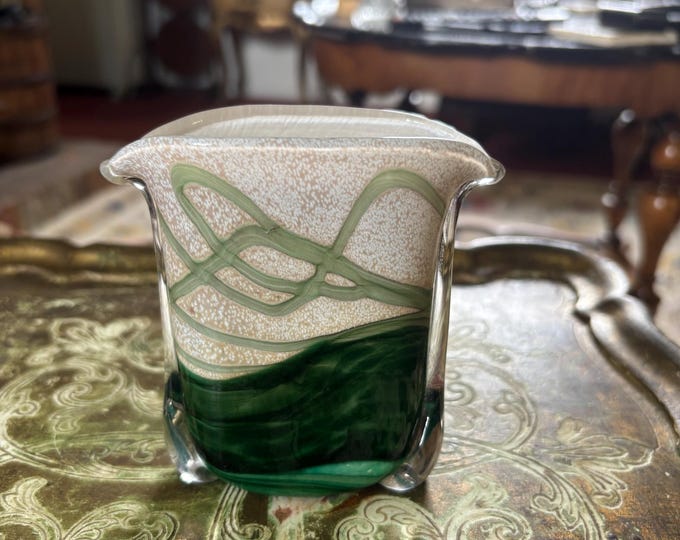 Vintage Gozo Glass Malta Signed Green Art Glass Vase Original Label 1990s
