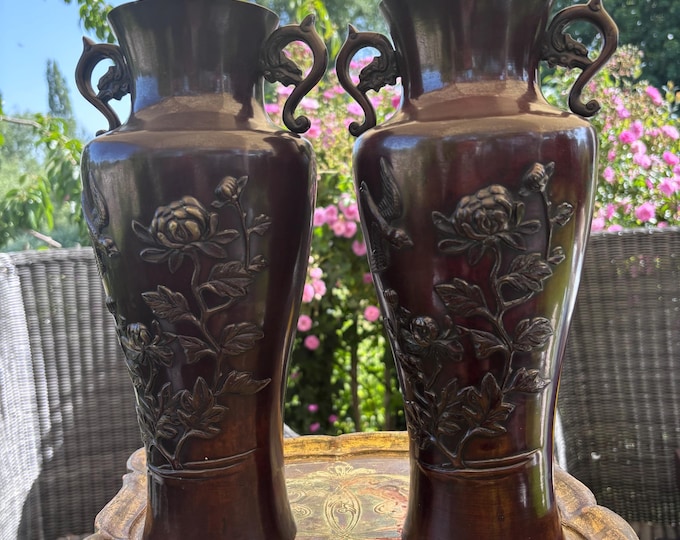 Pair Heavy Cast Bronze Oriental Vases Dragon Handles Bird & Blossom Relief Japanese Style 30cm