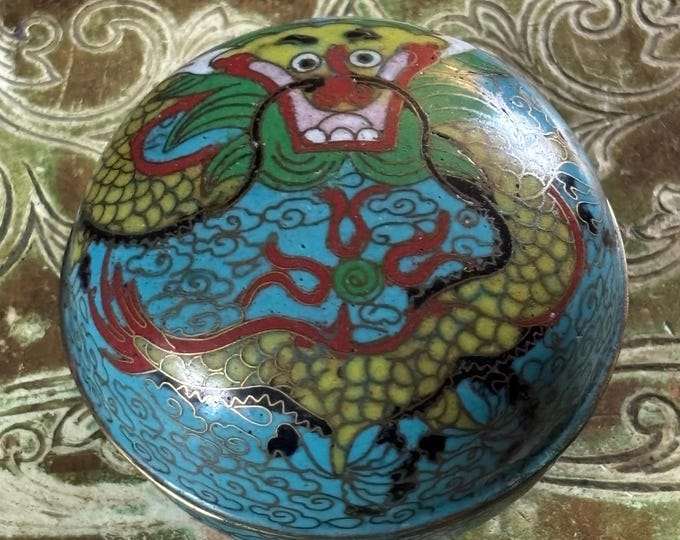 Chinese Cloisonné Dragon Trinket Box | Vintage Enamel Lidded Pot | Turquoise Blue