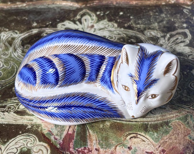Royal Crown Derby Arctic Fox Paperweight Blue Gold Porcelain No Stopper