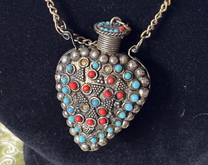 Vintage Tibetan Snuff Bottle Necklace Turquoise Coral Style Gau Amulet Pendant