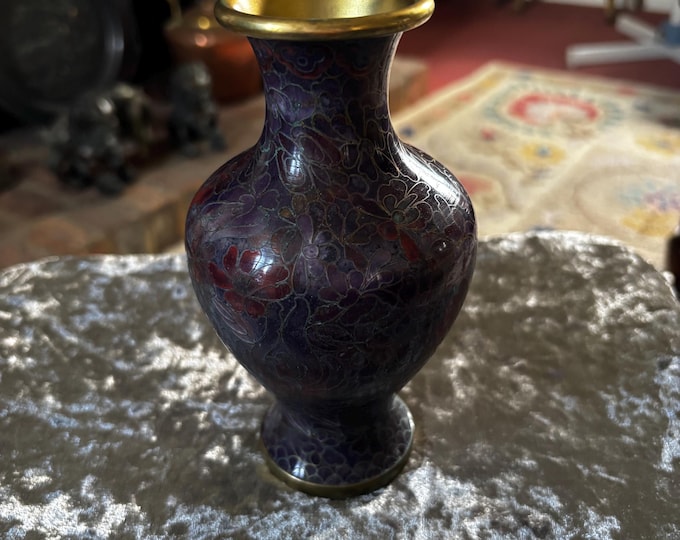 Vintage Chinese Cloisonné Enamel Vase | Purple Floral Cabinet Display | Brass Rim Turquoise Base