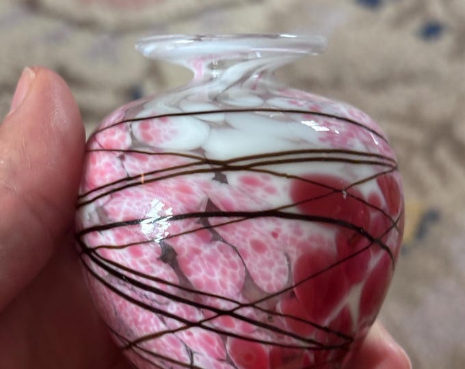 Hand Blown Art Glass Miniature Vase: Pink, White, Black Threaded Contemporary Vessel