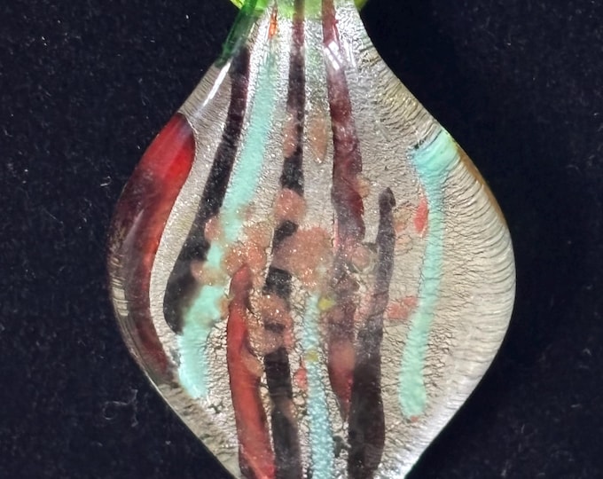 Venetian Murano Style Art Glass Pendant Necklace Green Silver Foil 7cm
