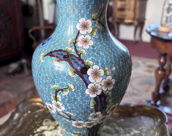 Vintage Chinese Cloisonné Vase: Cherry Blossom Floral Turquoise Enamel (24cm)