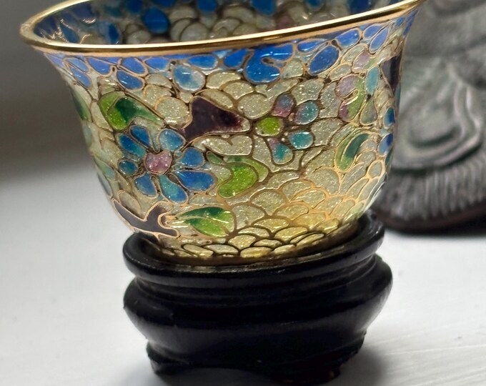 Vintage Chinese Plique à Jour Enamel Miniature Bowl Floral Cloisonné Boxed