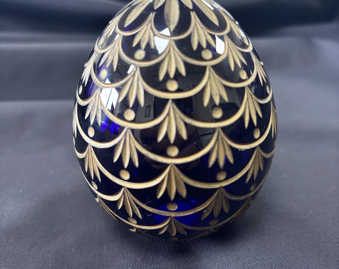 Hand Cut Cobalt Blue Crystal Egg • Russian St Petersburg Glass Ornament • Fabergé Style Decor