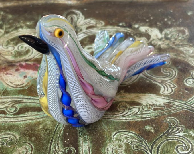 Vintage Murano Style Art Glass Bird Figurine Multicoloured Latticino Filigree