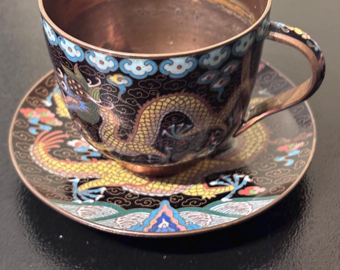 Antique Cloisonné Dragon Cup Saucer Set | Five-Claw Dragon, Qing Republic Art