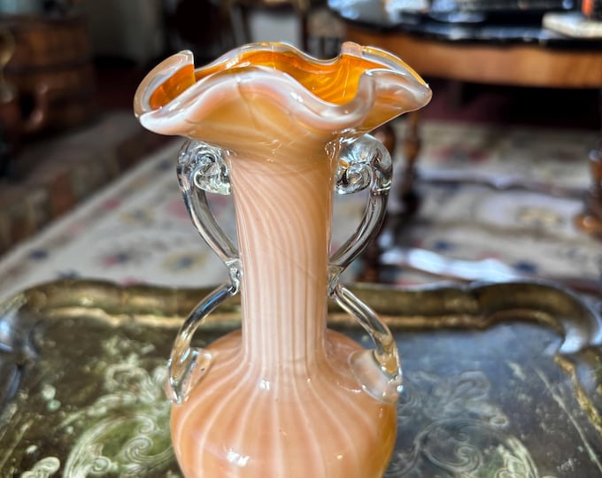 Antique Victorian Art Glass Vase Peach Opaline Ruffled Rim Double Handles c1900