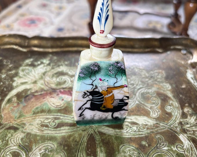 Vintage Hand Painted Bone Perfume Bottle Scent Attar Bottle Applicator Stopper