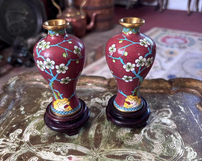 Vintage Chinese Cloisonné Vases Pair, Red Enamel Cherry Blossom Decor 10cm