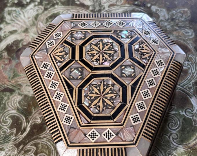 Vintage Mother of Pearl Inlaid Jewelry Box | Damascus Style Geometric Marquetry Keepsake Trinket Box