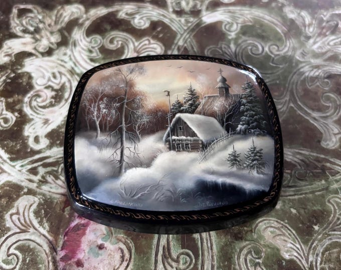 Signed Russian Lacquer Box: Winter Village Scene, Mother of Pearl Miniature Art