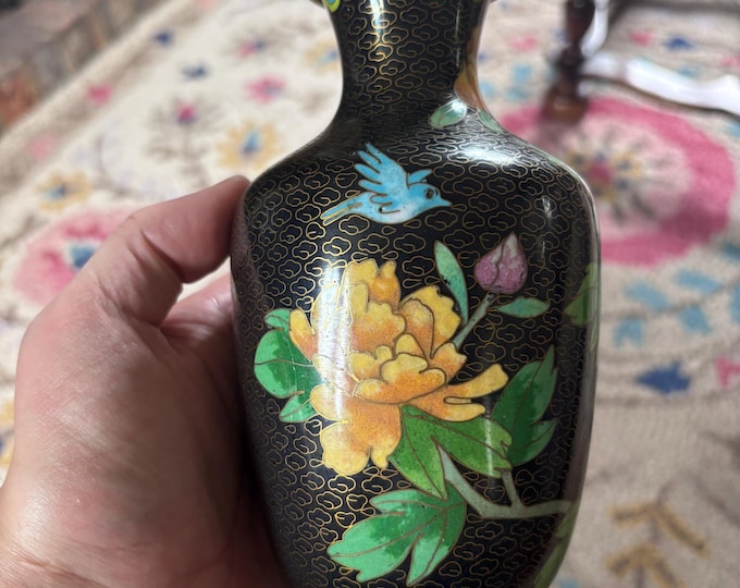 Vintage Chinese Cloisonné Vase Black Ground Floral Bird Enamel Brass 7”