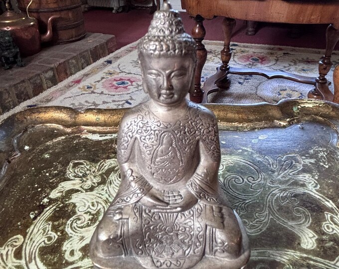 Vintage Thai Buddha Statue Sealed Base Sacred Stamp Pewter White Metal Devotional Figure 12cm