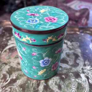 Antique Chinese Enamel Tea Caddy, Hand Painted Floral Copper Box, Republic Period Oriental Pot