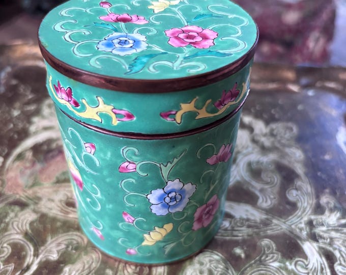 Antique Chinese Enamel Tea Caddy, Hand Painted Floral Copper Box, Republic Period Oriental Pot