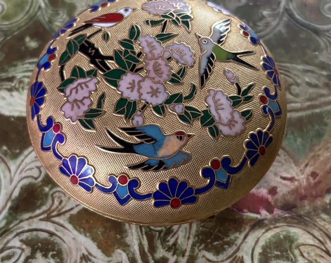 Vintage Chinese Cloisonné Trinket Box Birds & Flowers Gilt Enamel Blue Interior