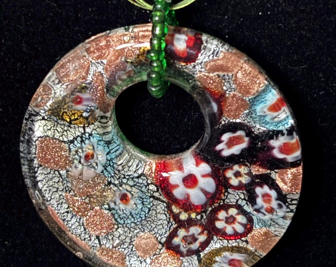 Vintage Murano Style Millefiori Glass Necklace Green Foil Donut Pendant Venetian