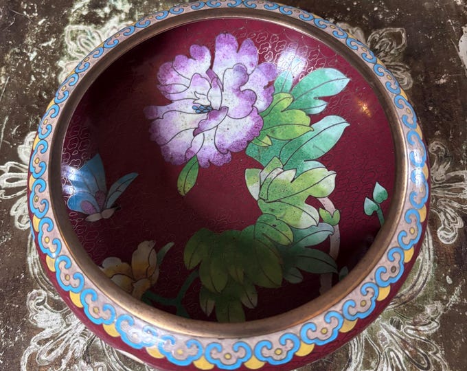 Vintage Chinese Cloisonné Enamel Bowl | Red Floral Butterfly Trinket Dish