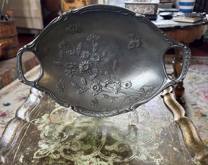 Vintage St Lambert 92% Pewter Tray Floral Butterfly Art Nouveau Style French Decorative Dish