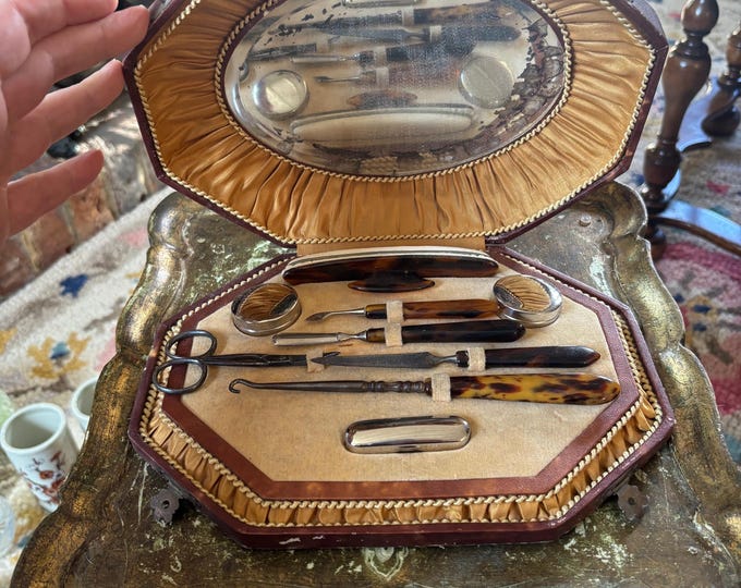 Antique Edwardian Manicure Set Faux Tortoiseshell in Original Fitted Case