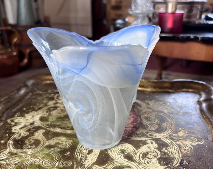 Vintage Murano Opaline Vase | Frosted Blue Swirl Italian Art Glass | Organic Folded Rim Coastal