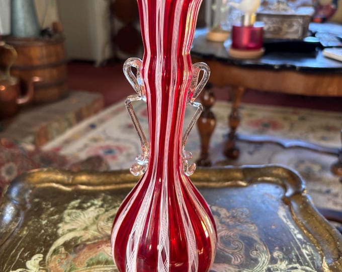 Vintage Murano Zanfirico Glass Vase | Red White Filigree Venetian Art Glass Handles