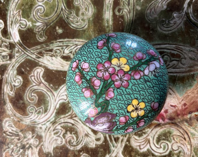 Vintage Chinese Cloisonné Trinket Box Turquoise Floral Enamel Prunus 6.5cm