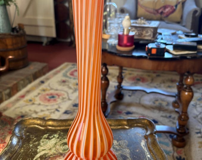 Vintage Italian Art Glass Vase Orange White Candy Stripe Hand Blown 31cm 1960s