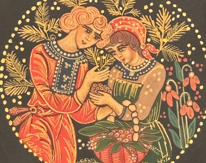 Vintage Russian Lacquer Box Hand Painted Malinka Folk Art 8cm Square Trinket Box