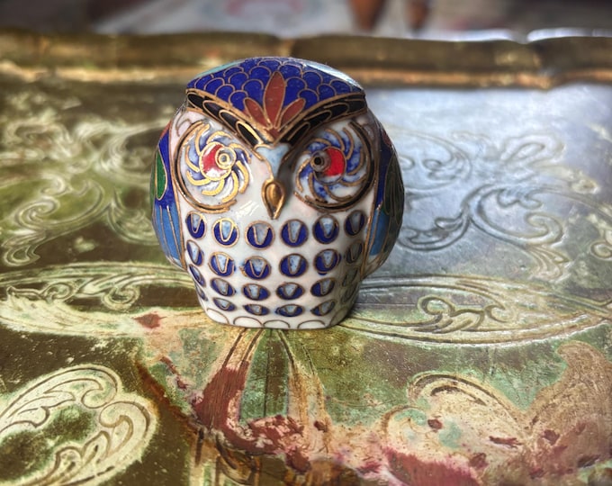 Vintage Chinese Cloisonné Owl Figurine Colourful Enamel Miniature Bird 5cm