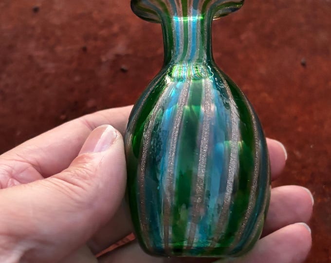 Vintage Murano Art Glass Vase: Green Blue Aventurine Stripes, Italian Hand-Blown Bud Vase