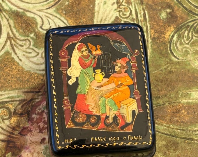 Vintage Palekh Russian Lacquer Box 1994 “The Feast” Signed Panin Hand Painted Miniature