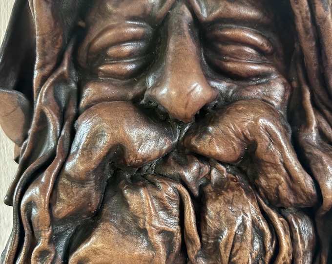 Vintage Sculpted Leather Wall Mask Hooded Bearded Sage Folk Art Gothic Fantasy Decor