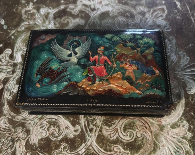 Russian Kholuy Lacquer Box Prince Gvidon Swan Princess Signed Sergeev Hand Painted
