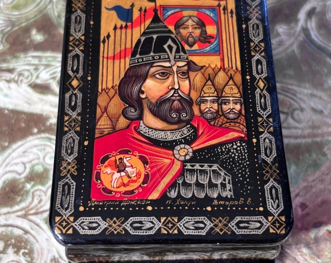 Vintage Russian Lacquer Box: Dmitry Donskoy Hand-Painted Miniature Palekh Style Orthodox Art 9cm