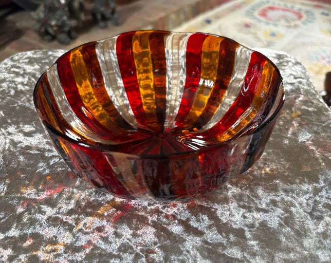 Vintage Murano Art Glass Bowl | Ruby Red Amber Aventurine Striped Centrepiece