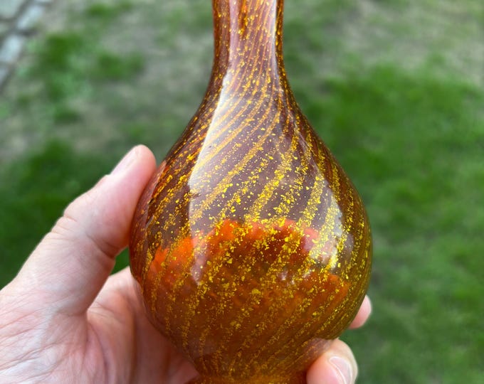 Vintage Italian Art Glass Vase Gold Avventurina Amber Spiral Hand Blown Murano Style