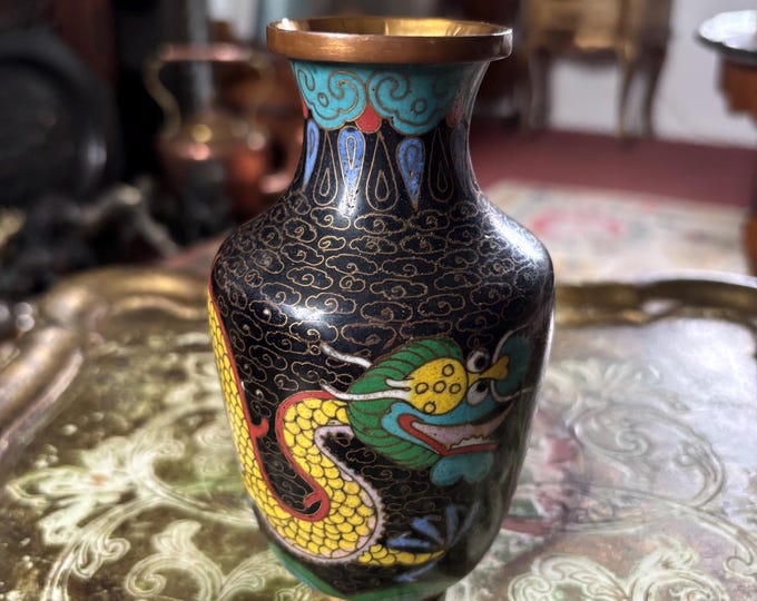 Antique Chinese Cloisonné Dragon Vase c.1900–1930 Black Ground 13cm
