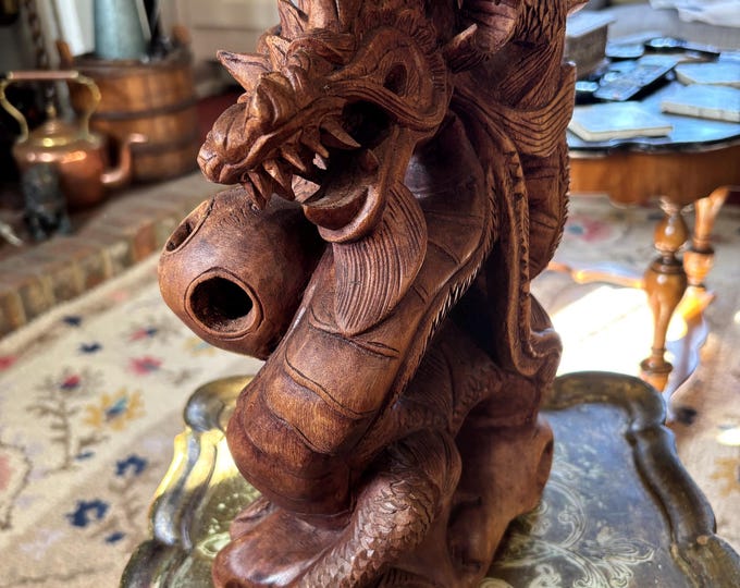 Vintage Balinese Hand Carved Wooden Naga Dragon Incense Burner Sculpture 31.5cm