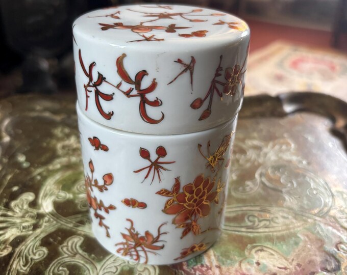 Vintage Japanese Style Porcelain Lidded Pot | Hong Kong Decorated | Red Floral & Gold Design | Trinket Box