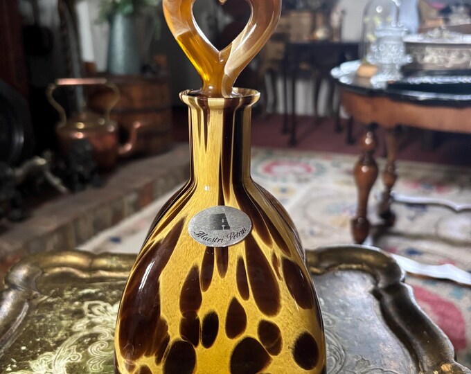 Vintage Maestri Vetrai Italian Art Glass Decanter Bottle Heart Stopper Amber Brown